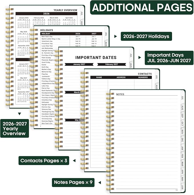 Academic Planner 2026-2027, Weekly and Monthly Calendar Planner Book, July 2026 – June 2027, Hardcover Organizer with Tabs, Perfect for Teachers, Students, Women & Men, A5 (6.4" x 8.5") - DarkGreen