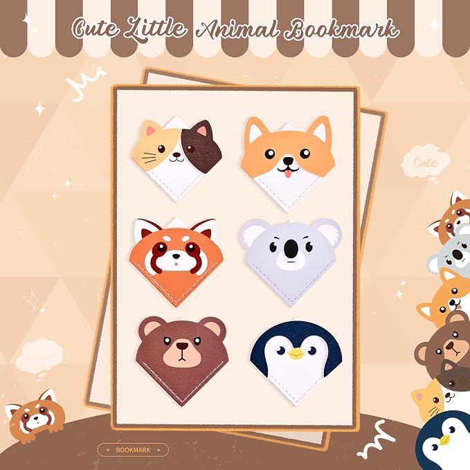 6 Pcs Cute Animal Shaped Leather Bookmarks, Adorable Corner Page Accessories, Animal Themed Book Page Holders, Durable Book Markers for Reading, Reading Gifts for Girls Women Teenage & Book Lovers