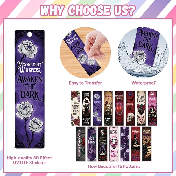 Peacoblue 30pcs UV DTF Bookmarks Transfer Stickers Wraps Dark Gothic for Women Men Reading, Waterproof Bookmarkers Decal(No Blank Bookmarks) for Acrylic Plastic Metal Blank Bookmark