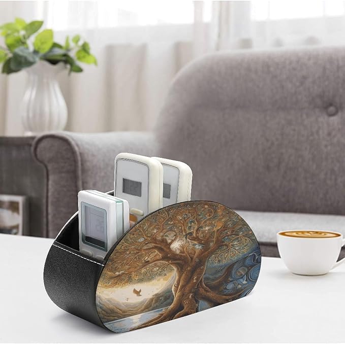 Remote Control Holders Tree of Life Printed Pu Leather Remote Caddy with 5 Compartments Desk Storage Organize for Remotes/Media Controllers/Office Supply