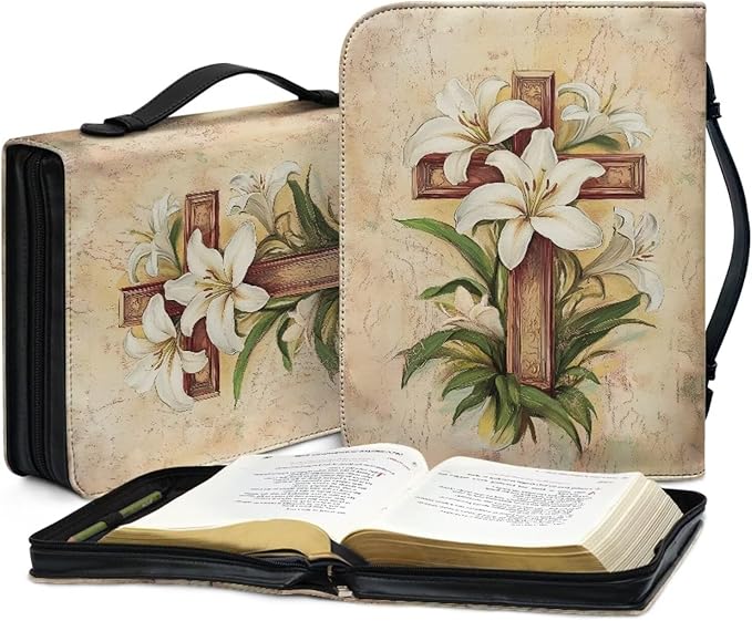 White Flower Print Bible Case,Cross Style Leather Bible Covers for Women,Bible Study Accessories Supplies,Book Protector Bible Case-size：L