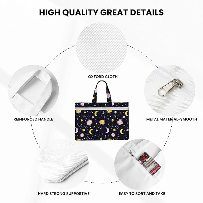 Lightweight Canvas Zippered File Bag Space Galaxy Constellation Sun Moon Stars Pattern, Waterproof Document Pouch with Handle for Office Business Travel