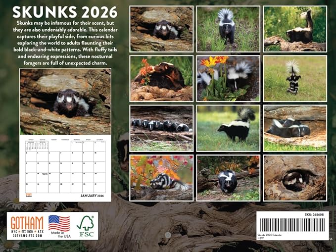 Skunk Calendar 2026 Monthly Wall Calender 12 Month | American Made In The USA