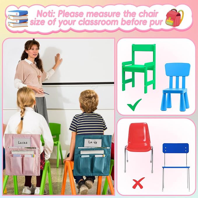gisgfim 24 Pcs Small Chair Pockets for Classroom 13 x 14 Inch Bag with Name Tag Multi Pockets Chairsback Pouch Organizer for Student Kindergarten Elementary Daycare (Groovy)