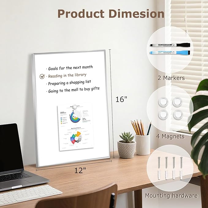Small Dry Erase Whiteboard, 16 x 12 Inches Magnetic White Board for Students, Home, Office, School, Silver Aluminum Frame, 4 Magnets, 2 Markers