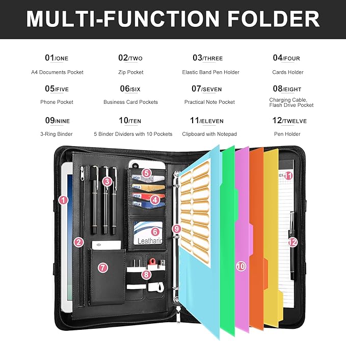 Leathario Portfolio Binder, Includes 5 Folder Index Dividers, 13 Inch Tablets Organizer with Handle, Vegan Leather A4 Padfolio, Multi-Pocket Notepad Business Planner Professional Document