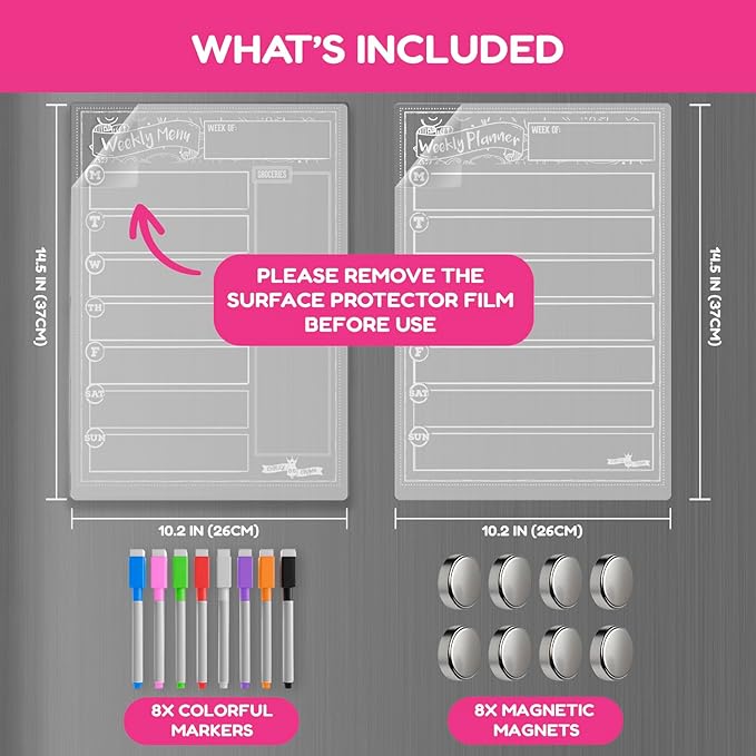 CHALKY CROWN Acrylic Magnetic Weekly Planner for Fridge Plus Menu Board for Kitchen with 8 Magnetic Markers - Dry Erase Board for Fridge - Weekly Meal Planner (2 Boards, 14.5x10.2 Each)