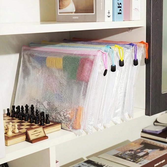 EOOUT 24pcs A4 Zipper Pouch Bags, Mesh Pouch Bags with Labels for Board Games & Puzzles Supplies, Waterproof Document Zipper Cases for School Toys Office Cosmetics Travel Storage,8 Colors