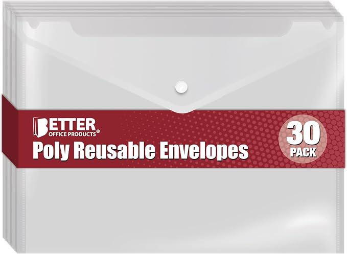 Better Office Products Clear Reusable Plastic Envelopes with Snap Closure, Plastic Document Holders, 13" x 9" XL Size for Letter Paper, 30 Pack, Poly File Envelopes, Clear, 30 Pack