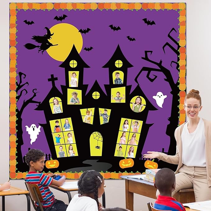Halloween Classroom Bulletin Board Decoration Set Halloween DIY Photo Craft Castle Pumpkin Witch Bat Moon Paper Cutouts for School Offices Classroom Chalkboard Wall Holiday Decor Supplies