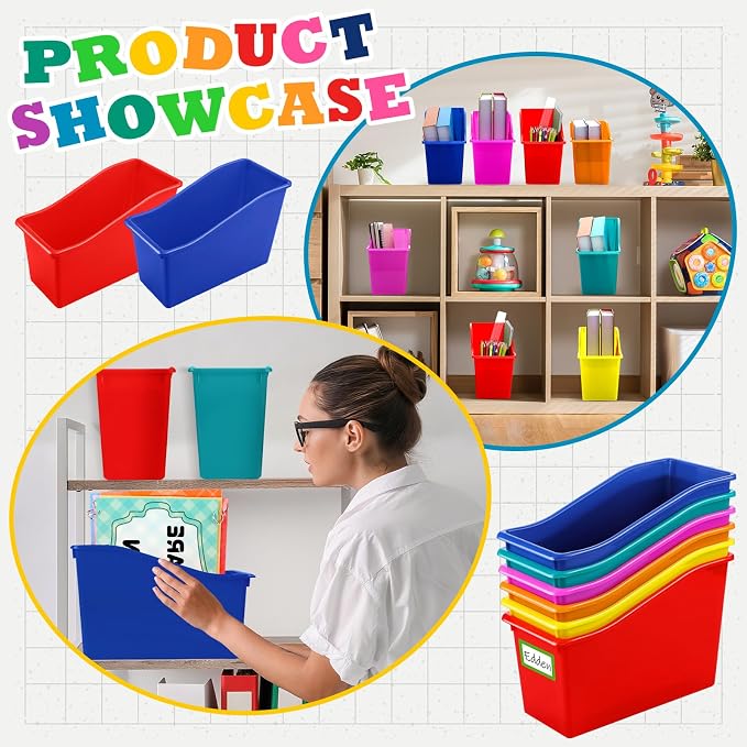 Jinei 24 Pack Multi Bright Color Book Bins for Classroom Bulk Binder Holders with Name Labels Plastic Organization Book Baskets Teacher Storage Boxes for Classroom Home Office