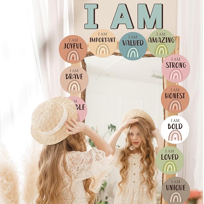 Positive Affirmation Station Bulletin Board Set Boho Affirmation Mirror Classroom Decor Rainbow Growth Mindset Decorations Inspirational Motivational Cards Accent Cutouts for Home School Wall Decor