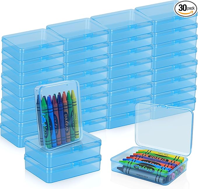 30 Pcs Plastic Crayon Box with Hinged Lid Clear Storage Containers Crayon Case for School Classroom Supplies (Blue)