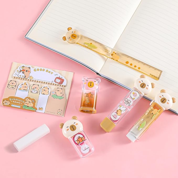 7Pcs Cute Capybara Stationary Set Kawaii School Supplies Japanese Stationery, Includes Pencil Sharpener, Eraser, Correction Tape, Glue Tape, Sticky Notes, Ruler, for Office School Supplies