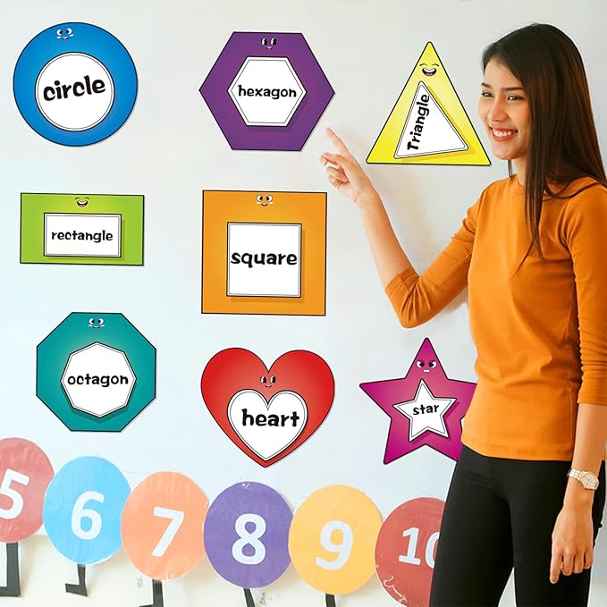 10 Pcs Shapes Bulletin Board Set, Educational Boarders Posters, Shapes for Classroom Wall Decor with 50 Adhesive Dots, Waterproof Cutouts for Toddlers Preschool Kindergarten Learning