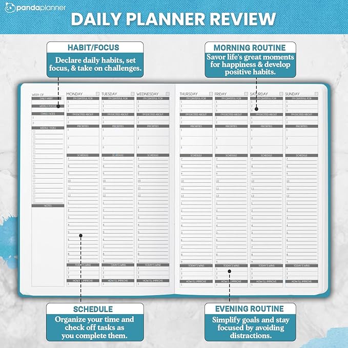 Panda Planner Mental Health Journal – 8.5” x 11" Soft Fabric Hardcover Wellness Planner with Mood Tracker & Journaling Prompts – Undated 12-Month Self-Care Organizer with 3 Bookmarks (Blue)