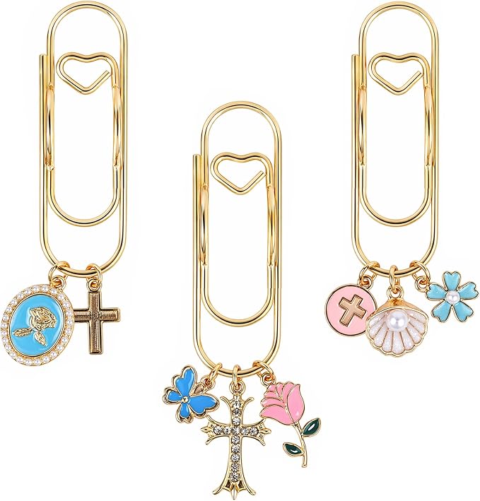 Wxiben Bible Paper Clip Bookmark - 3 Pcs Christian Metal Paperclip Pen Holder Book Mark with Charms Faith Page Marker Planner Decorative Paper Clips Gifts for Women Reading Book Lover Accessories