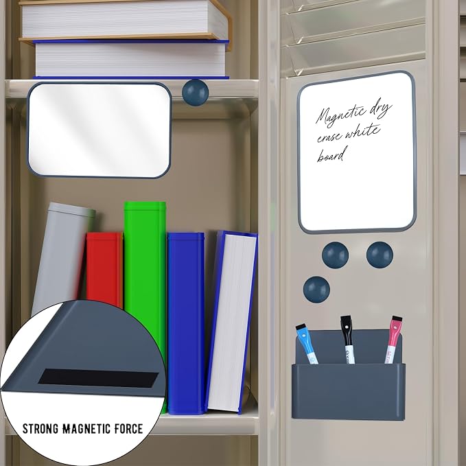 Denylo pro Magnetic Locker Accessories Kit Back to School Essentials Locker Organizer Supplies Includes Whiteboard Mirror Storage Box Dry Erase Marker and More fo Back to School Essentials，Gray