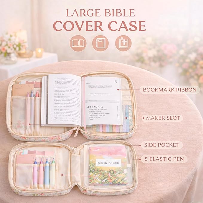 Bible Bag for Women, Bible Cover Case with Study Supplies,Large Quilted Bible Bag with Handle and Zipper, Suitable for Christian Books-Christian Gift for Girls(Small Flowers)