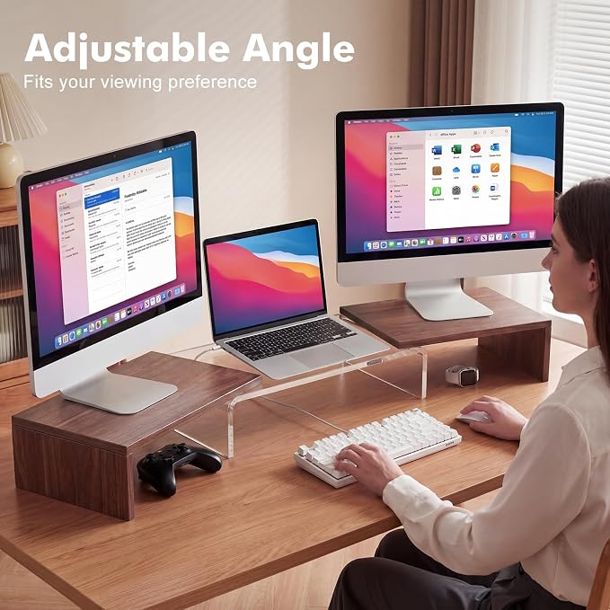 High-Clarity Dual Monitor Riser, Acrylic Monitor Riser, Adjustable Angle & Length Computer Monitor Stand, Wide Desk Shelf for Top of Desk for Home Office_Walnut Look Small