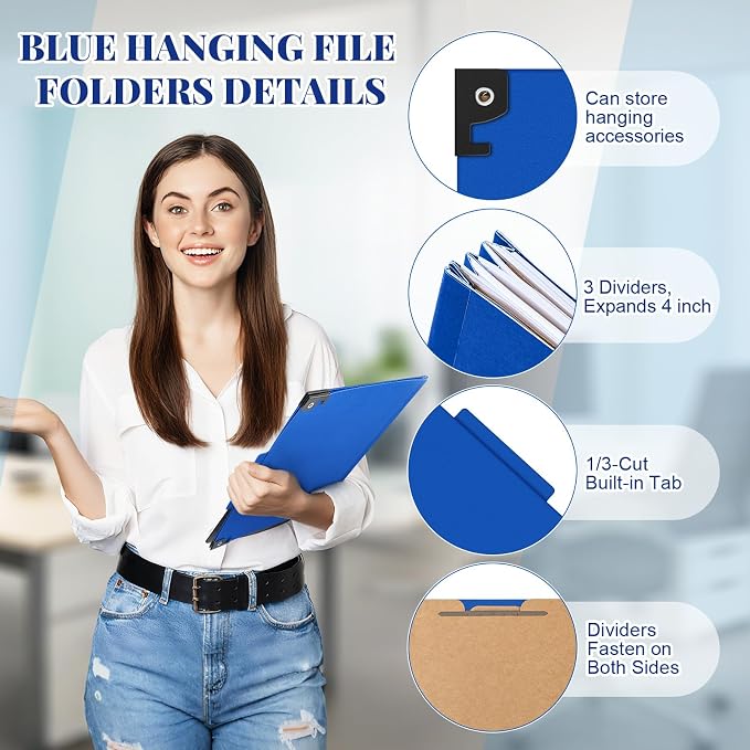Henoyso 10 Pcs Hanging Classification File Folders, Letter Size Dark Blue Folders with 3 Pressboard Dividers, 8 Fasteners, 4 Inch Expansion, 1/3-cut Top Tab for Medical Records and File Cabinet