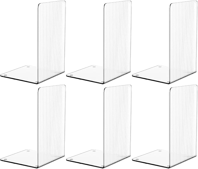 SUOXING 6 PCS Clear Acrylic Book Ends for Shelves Decorative,Invisible Book Stopper with Non-Slip Mats for Heavy Books,Small Acrylic Bookends for Home Office School Supplies and Kids Bookshelf