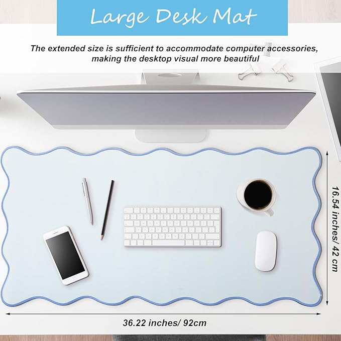 Hahafelt Scalloped Desk Mat Large Desk Pad Cute Coquette Table Mat Back to School Preppy Table Make up Pad Nonslip Graduation Gift with Stitching Waterproof Gaming(Blue,36 x 17 Inches)