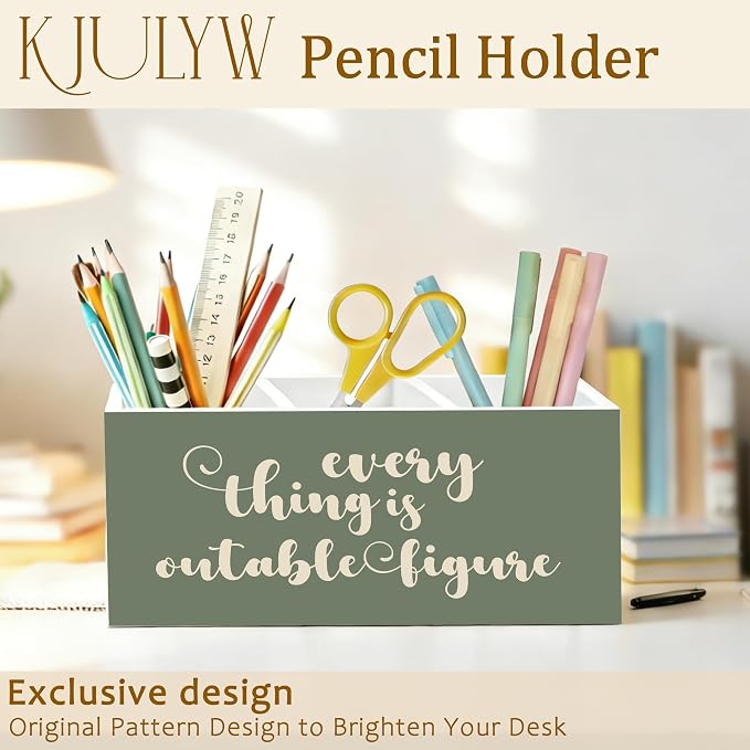 Everything Is Figureoutable Motivational Pen Holder for Desk, Inspirational Gifts for Women Men Coworkers Wooden Box Pencil Pen Holder Organizer for Home Office Desk Accessories