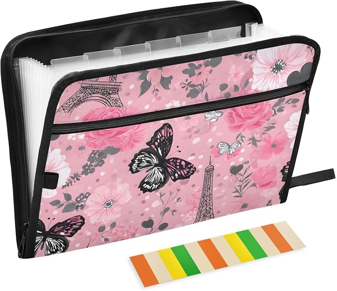 Expanding File Folder Butterfly Rose Eiffeltier Tower Paris France Accordion File Organizer 13 Pockets Document Organizer with Zipper Labels A4 Letter Office Storage