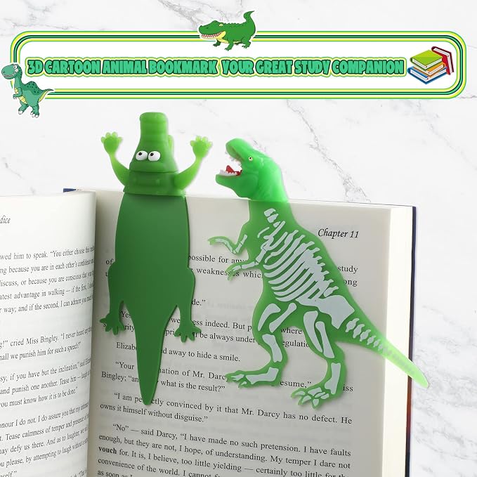 2 Pieces Shark Bookmark for Kids Boys Dinosaur Giant Cool Childrens 3D Luminous Cartoon Animal Bookmark, School Supplies(Luminous Crocodile and Dinosaur)