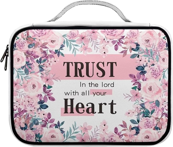 Trust in The Lord with All Your Heart Bible Covers for Women Girls Pink Vintage Flower Floral Pattern Bible Bag Church Scripture Case with Handle and Zippered Pocket Christian Gifts