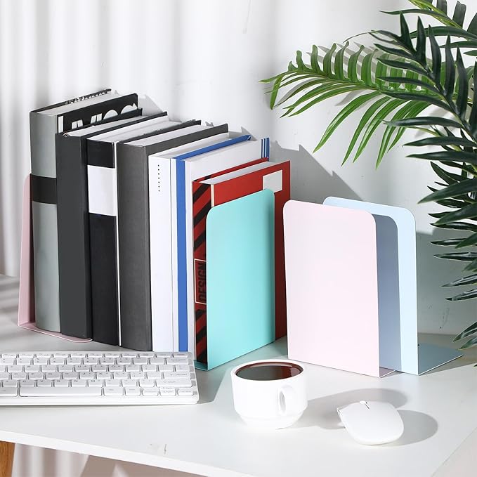 Beeveer 6 Pairs Metal Bookends Book Stopper for Shelves Office Book Holder Library Bookend for Heavy Books Desk Home Bookshelf School (Macaron Colors)