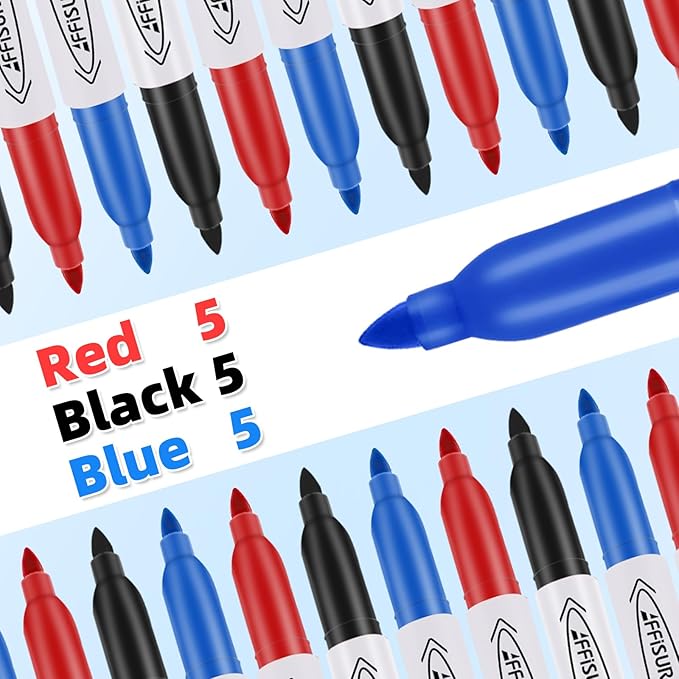 Permanent Markers, Black, Blue, Red, 15 Pack, Fine Point，Assorted Colors Set, Works on Wood, Plastic, Metal, and More, for Adults, Artist, Teacher, Kids