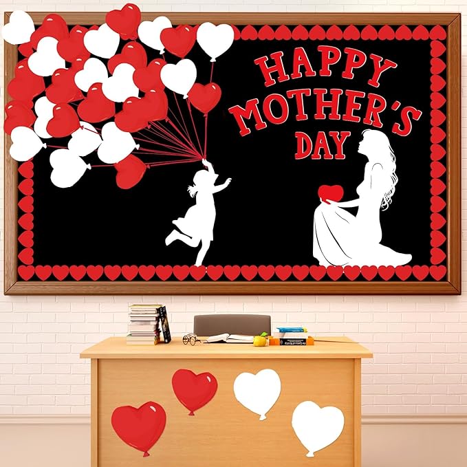 QOUBAI Mother's Day Bulletin Board Set Happy Mother's Day Classroom Bulletin Board Decorations Mother Child Silhouette Cutouts DIY Craft Decor for Preschool Nursery Toddler Kids Decor Wall Door