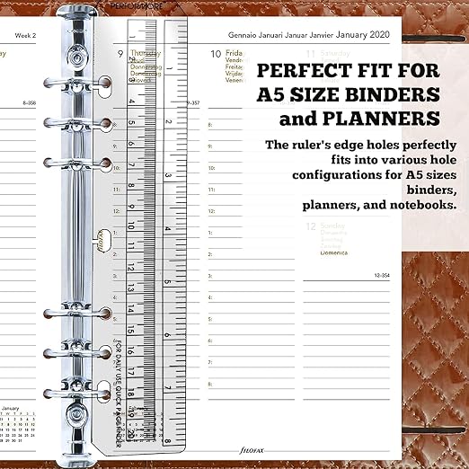 Performore 7 Holes Snap-in Bookmark Ruler | 8 Inch (20cm) Dual-Sided Measuring Tool | Fits A5 Notebooks & 5.5-Inch Binders | Black and Transparent Rulers
