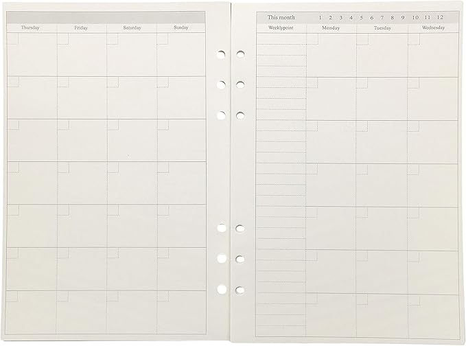 Zelten Refills/Loose Leaves for A5 Cover Ring Binder/Personal Organizer/Planner(A5 6 Holes, Monthly Plan)