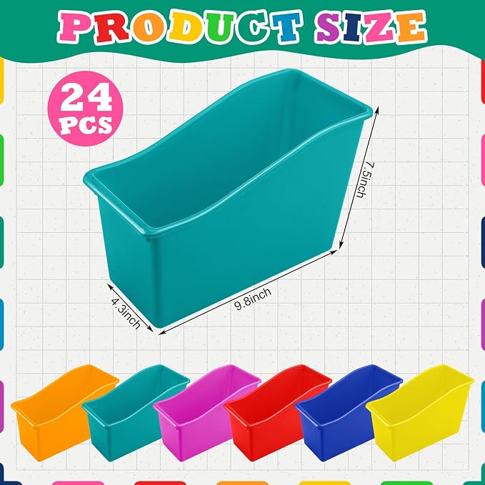 Jinei 24 Pack Multi Bright Color Book Bins for Classroom Bulk Binder Holders with Name Labels Plastic Organization Book Baskets Teacher Storage Boxes for Classroom Home Office