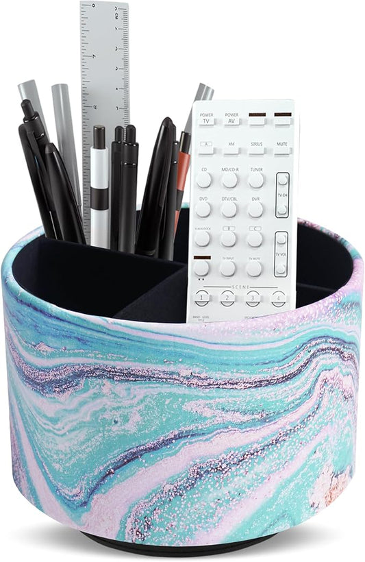 Round Leather Art Supply Organizer,Remote Control Holder,360-degree Rotating Pen Organizer with 4 Compartments(1-Pink Green Splash Ink)