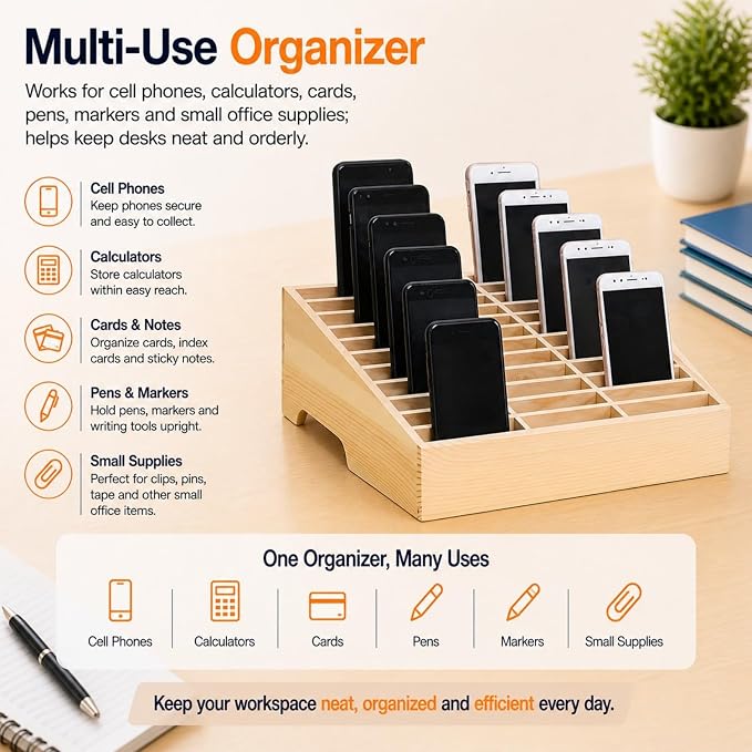 XICHENGSHIDAI 36-Grid Classroom Cell Phone Holder, Wooden Mobile Phone Storage Box, Desk Organizer for Teachers, School and Office