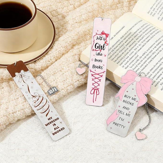 Pink Bow Metal Bookmark Gift Silver Chain Pendant with Bow for Women's Christmas Gift Book Lover Book Accessories School Supplies Office Stationery (Cute Bow Bookmark)