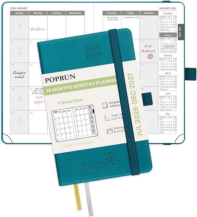 POPRUN Pocket Monthly Planner 2026-2027 (Pocket- 4''x 6.25''Soft Leather Cover) - 18 Month Calendar Book for Purse (Jul.2026-Dec.2027), 100 GSM Thick Paper - Pacific Green