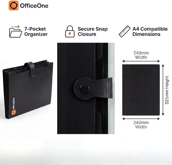 OfficeOne 8-Pocket Expanding File Folder, A4 Letter Size Accordion Document Organizer with Snap Closure, Labeled Tabs & Customizable Color-Coding Stickers, Home Office School (Jet Black)