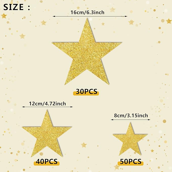 120 PCS Glitter Gold Five Star Cutouts Paper Star Cutouts Gold Star Cutouts for Bulletin Board Stars Classroom Wall Party Decoration Supply 3 Sizes 3.1inch 4.7inch 6.2inch