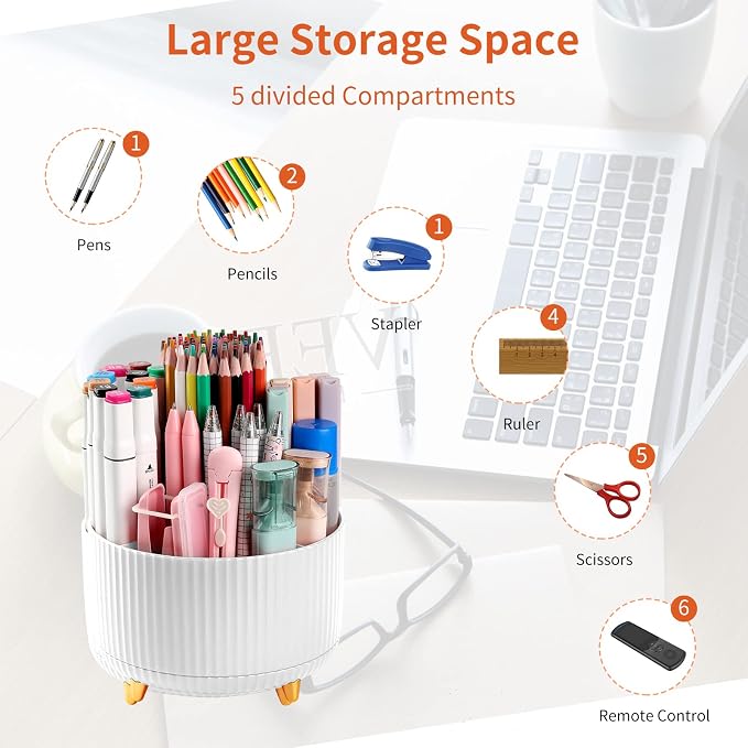 Desk Pencil Pen Holder, 5 Slots 360°Degree Rotating Pen Organizers for Desk, Desktop Storage Stationery Supplies Organizer, Cute Pencil Cup Pot for Office, School, Home, Art Supply, White
