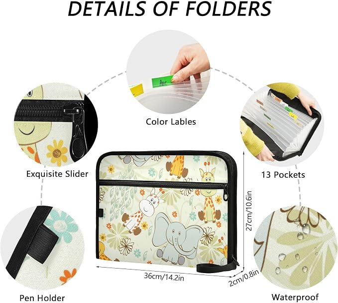 Cartoon Giraffe Elephant 13 Pockets Expanding File Folder with Sticky Labels Accordion File Folder Document Organizer Letter Size A4 Papers Expandable File Keeper