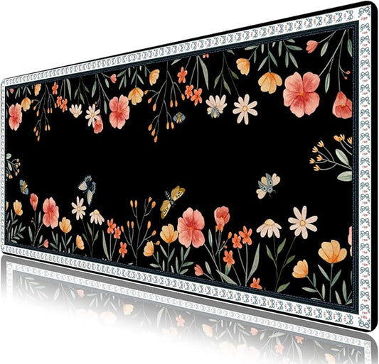 Desk Pad for Keyboard and Mouse, Large Mouse Pad for Desk, Non-Slip Keyboard Mat, Computer Mats for Desk, Cute Desk Pad with Stitched Edges for Office, Gaming I Black Butterflies Flowers