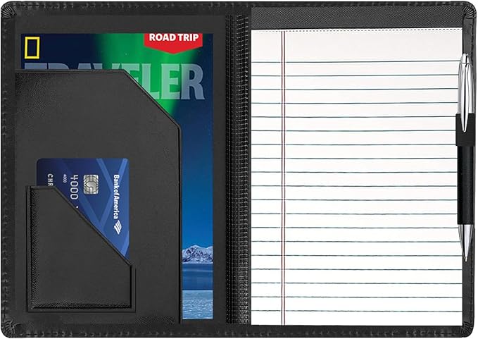 Junior Padfolio Folder - A5 Portfolio Binder Case with 5 x 8 Writing Pad and Interior Storage Pocket Executive Business Organizer for Men Women, Black
