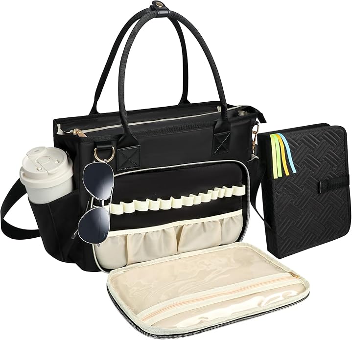 Veirdro Large Bible Tote Bag with Bible Cover Case for Women, Portable Church Bag with 13 Inch Laptop Compartment& 14 Pen Slots, Quilted Bible Purse with Shoulder Strap for Bible Study Supplies, Black