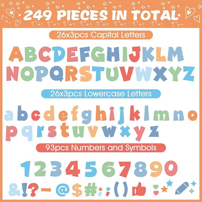 249 Pcs Bulletin Board Letters Set, 4 Inch Colorful Alphabet Numbers & Punctuation Cutouts with Adhesive Dots for Classroom Wall & School Decor (Candy)