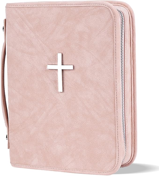 Vegan Leather Bible Cover Case, Bible Bag with Phone Pocket, Bible Case for Men Women, Christian Gift Box Packaging (Pink)